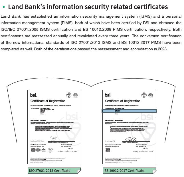 Land Bank's information security related certificates. Please download the attachment named certificates.pdf for more details.