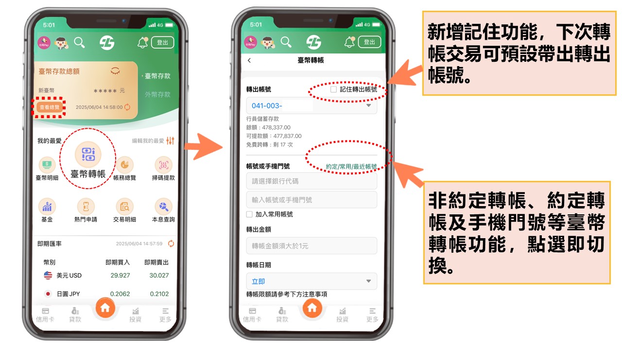 新增記住功能，下次轉帳交易可預設帶出轉出帳號。非約定轉帳、約定轉帳及手機門號等臺幣轉帳功能，點選即切換。