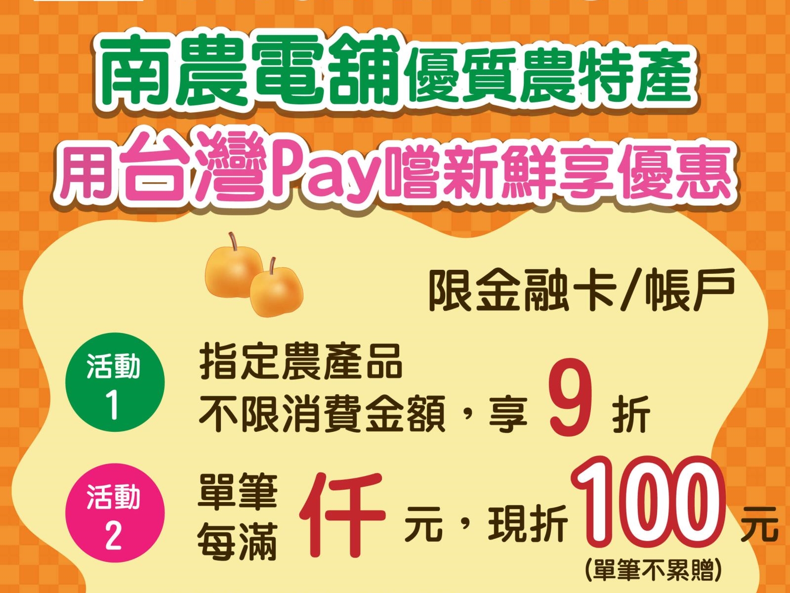 【台灣Pay】「南農電舖優質農特產，使用台灣Pay嚐新鮮」活動(110/12/27-111/3/31) 